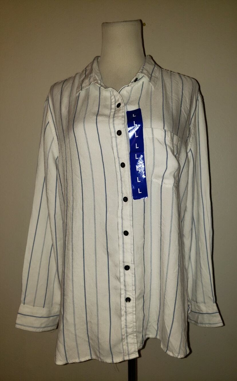 NEW JACHS GIRLFRIEND SZ L SHIRT WHITE & BLUE STRIPES BUTTONS LONG SLEEVE 2404